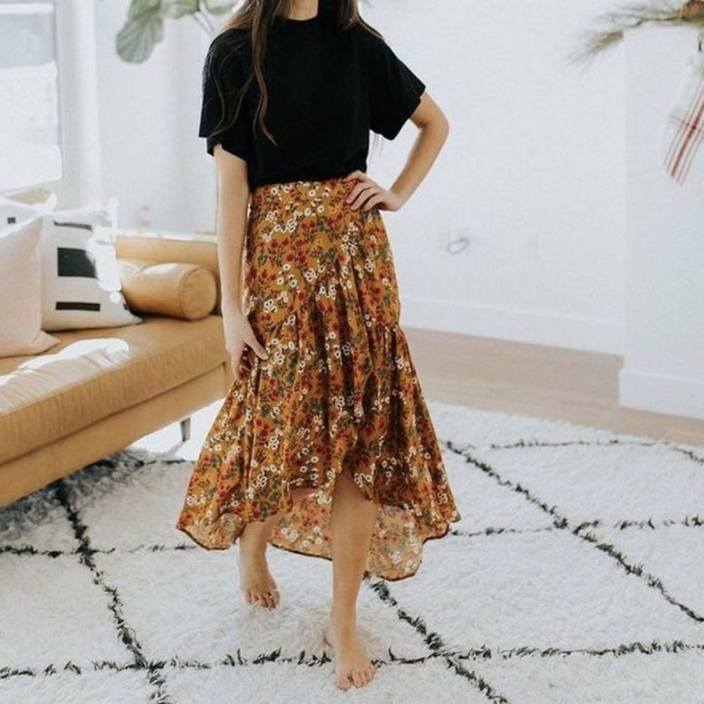 Hayden Women's Orange Floral High-Waisted Wrap Skirt Back Tie Size Medium
